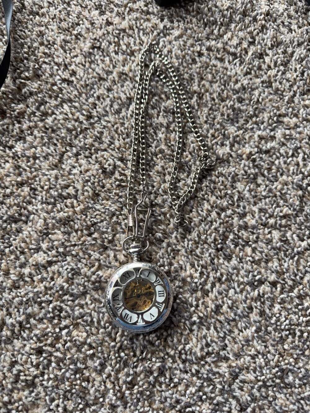 Vintage Style Silver Tone Skeleton Mechanical Pocket Watch with Chain